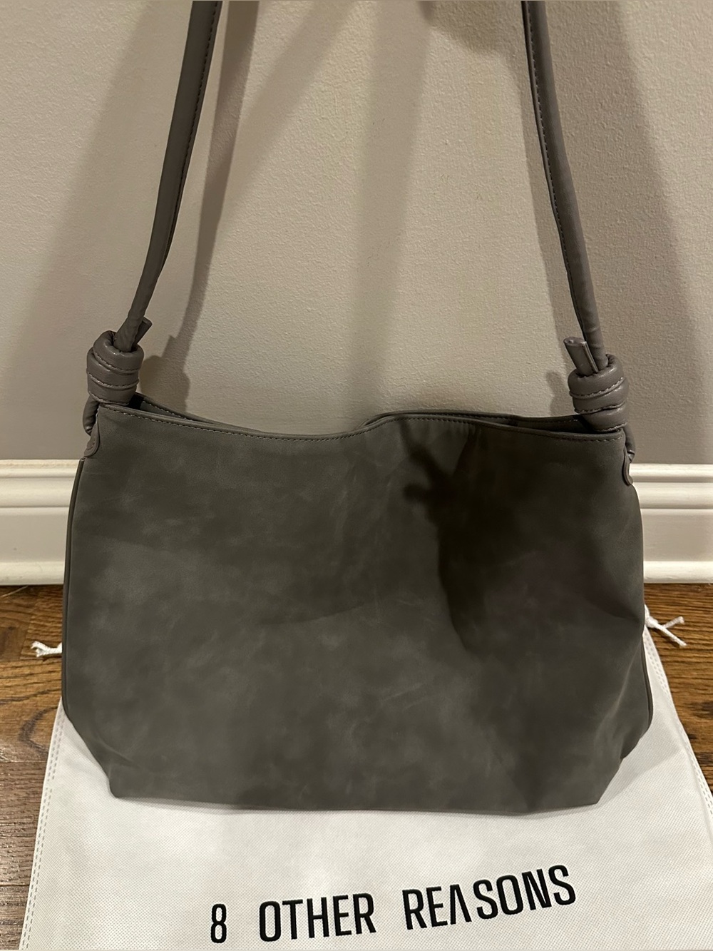 8 Other Reasons- Sueded, Charcoal Gray Tote Bag with Knotted Straps